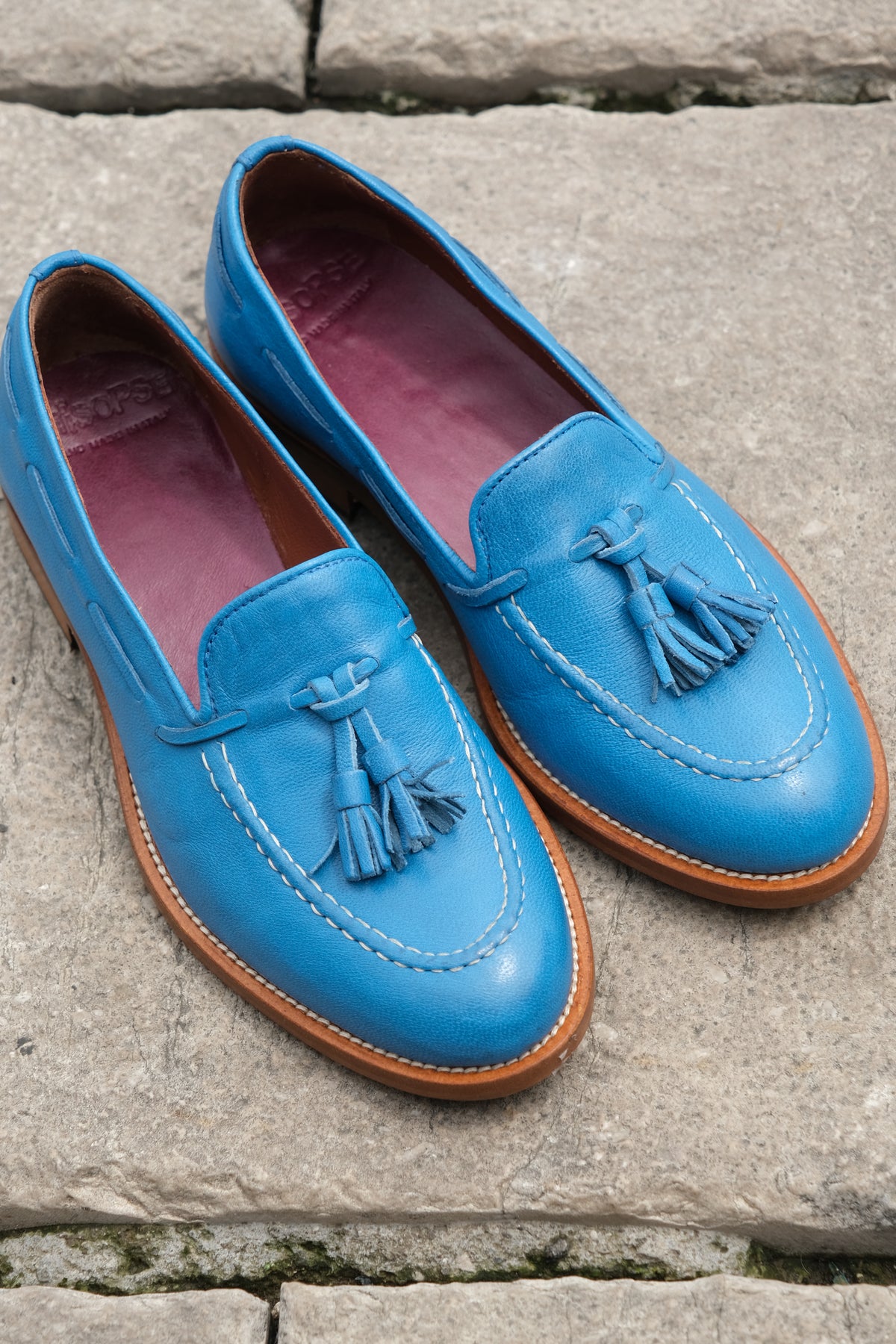 Tassel in pelle stropicciato azzurro