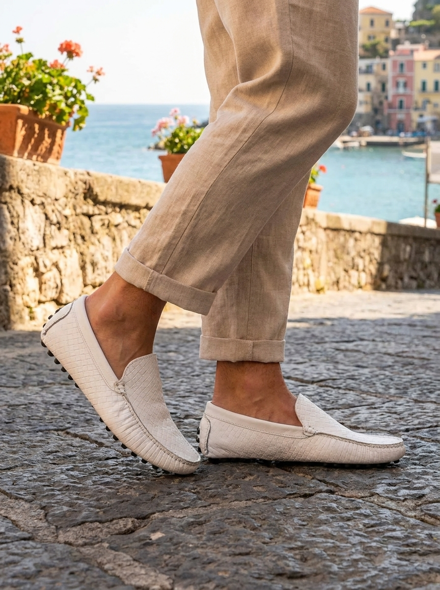 Mocassini con Gommini in pelle intrecciata bianca