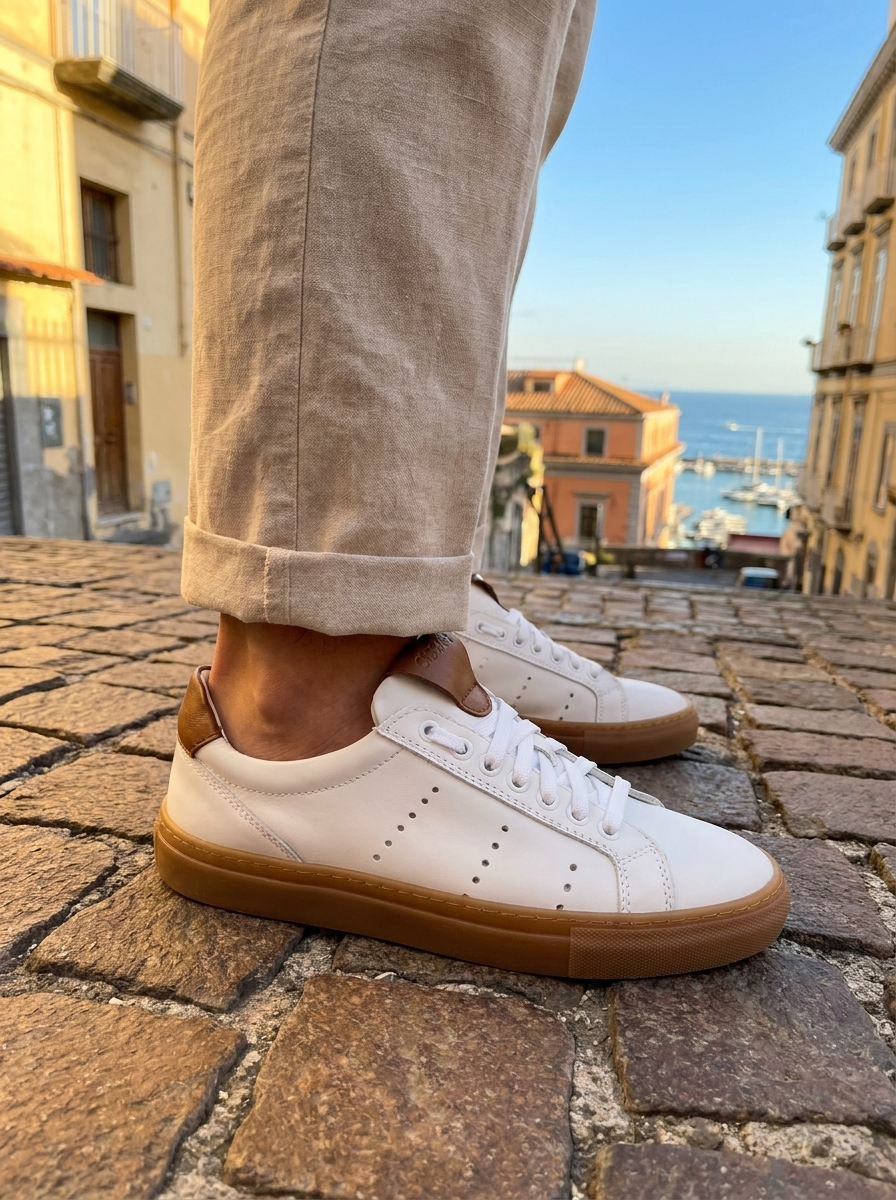 Sneakers in pelle bianca e cuoio