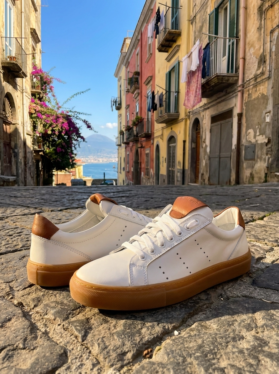 Sneakers in pelle bianca e cuoio