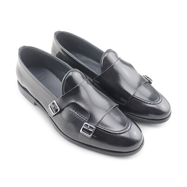 Slippers doppia fibbia in pelle spazzolata nera