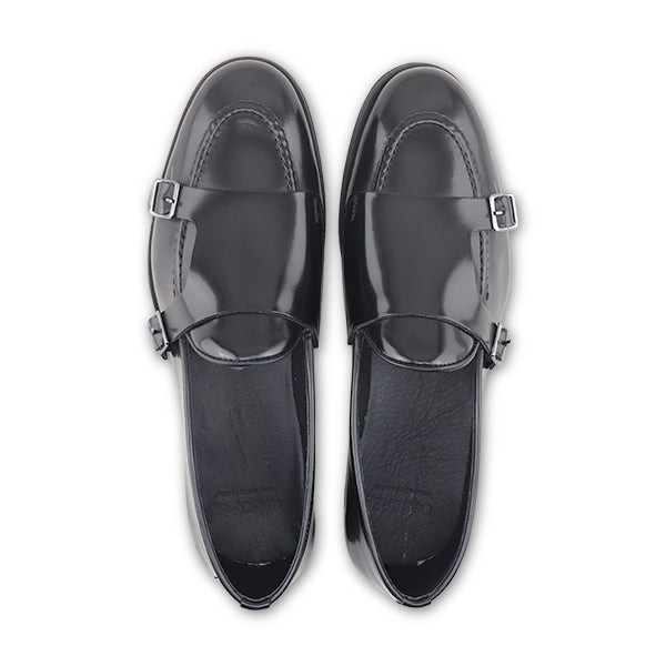 Slippers doppia fibbia in pelle spazzolata nera