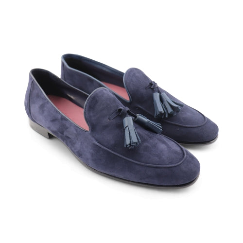 Mocassini da uomo in camoscio blu con fiocco
