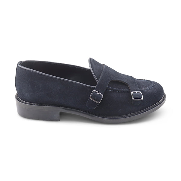 Doppia fibbia in camoscio blu
