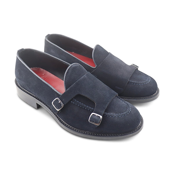 Doppia fibbia in camoscio blu