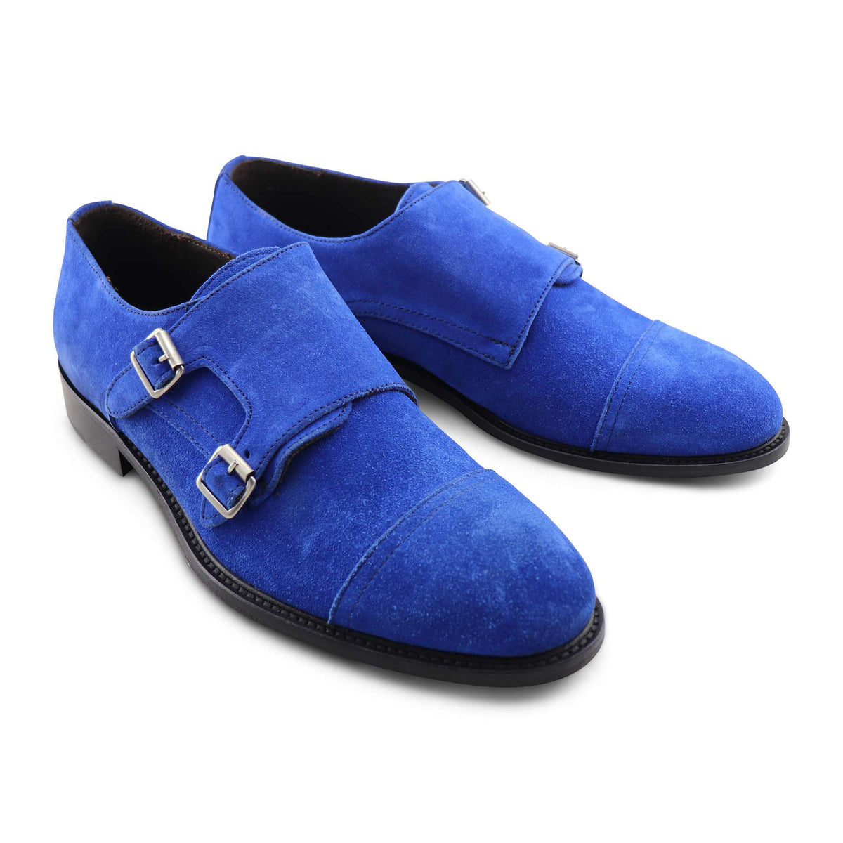 Doppia fibbia in camoscio bluette
