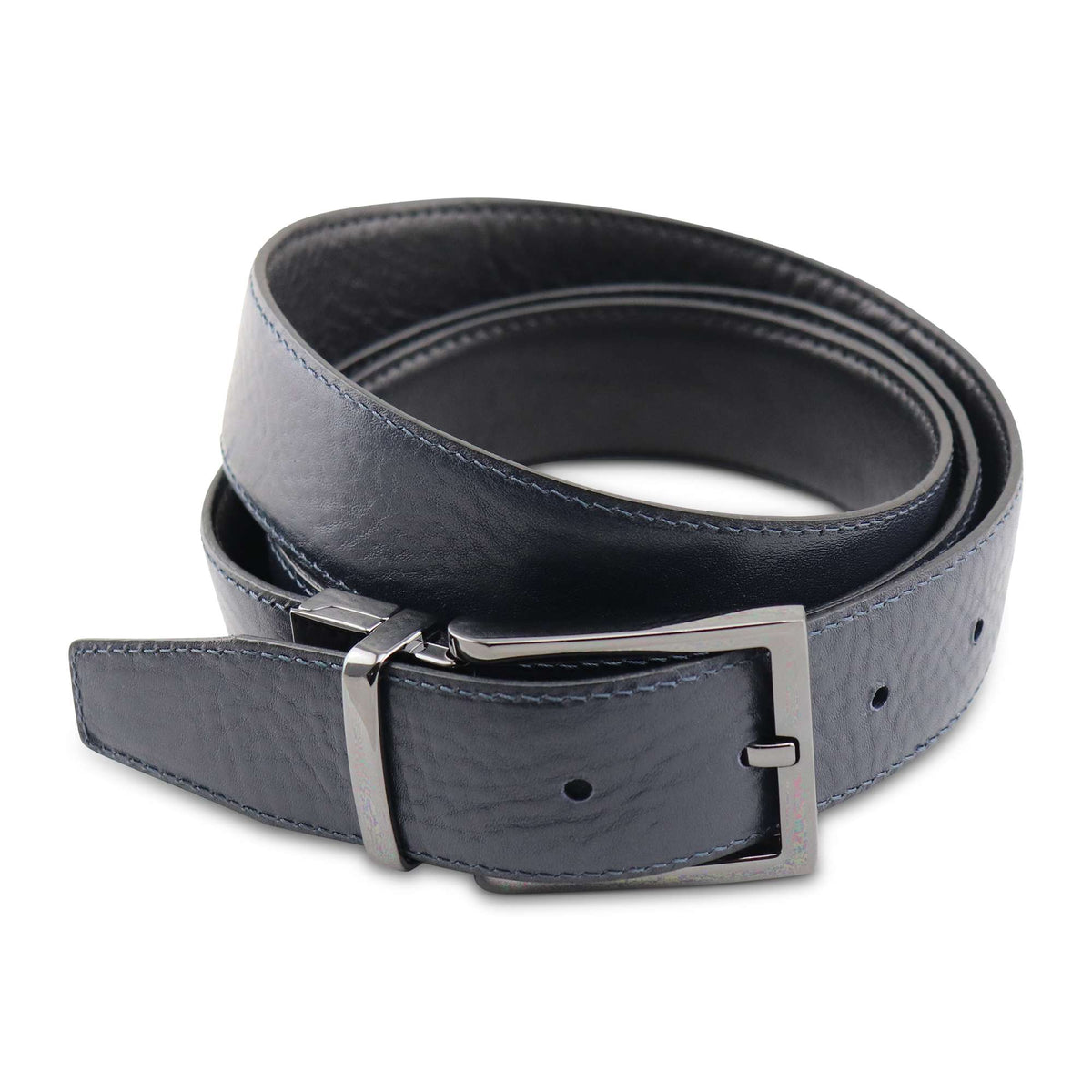 Cintura double face in pelle nero/blu