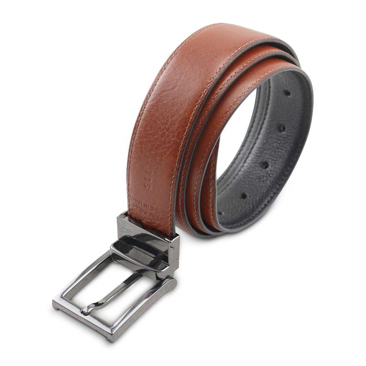 Cintura double face in pelle nero/cuoio
