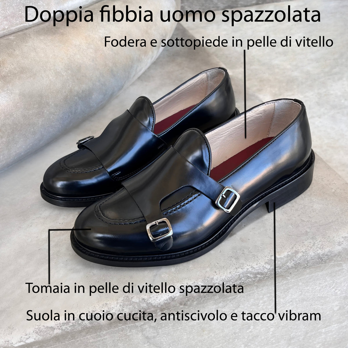 Doppia fibbia in pelle spazzolata nera