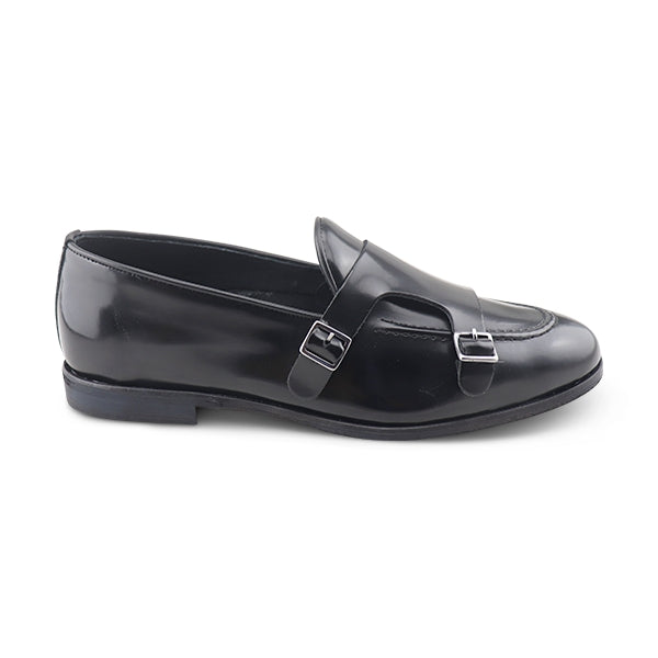 Slippers doppia fibbia in pelle spazzolata nera