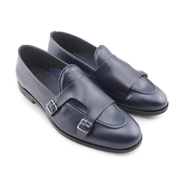 Slippers doppia fibbia in pelle blu
