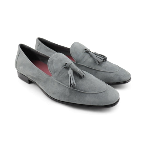 Mocassini da uomo in camoscio grigio con fiocco